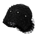 Eleganter schwarzer Spitzenhut mit Blumenmuster, Perlen und Strass für Damen - M (56-58cm) / Schwarz