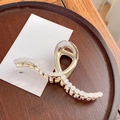 Elegant gold metal hair claw clip featuring refined white artificial pearls trim - Wave Claw Clip - 11.5cm
