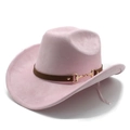 Close-up of pink felt cowboy hat with brown leather strap and golden horsebit buckle - M(56-59CM) / Pink (Suede)