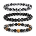 Three-piece beaded bracelet set featuring tiger eye, hematite, and black obsidian stones - Hematite + Polished + Multi Mixed Set
