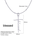 Silver stainless steel cross necklace with vertical blessed lettering on bead chain - Blessed / Steel