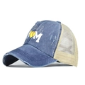 Washed blue and beige Softball Mom trucker hat with distressed denim and ponytail hole - One Size / Navy Blue (Beige Mesh)