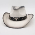 Retro Western straw cowboy hat with a gradient finish and vintage bull head metal buckle - White Black (Black Bull Decor)