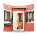 Detailed fabric texture of Mediterranean wall tapestry with vintage red door and number 51 - 73X95CM / Mediterranean Building Exterior (QY714-12)