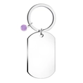Detail of silver stainless steel dog tag keychain with a faceted purple gemstone charm - Small Pink Rhinestone