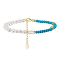 Bohemian gold bracelet with white pearls and sky blue faceted beads featuring S925 clasp - Sky Blue Stitching Pearl Style (MPB06-14K)