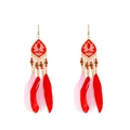 Bohemian long tassel earrings with red feathers and colorful beads on white background - KC Gold/Pink Long Feather (3151)
