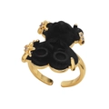 Gold-plated open ring featuring a black flocked teddy bear with gold star accents - Black
