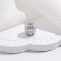 Square silver charm bead with hollow patterns and sparkling round zircon centerpiece - White Gold