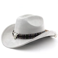 Détail d'un chapeau de cow-boy en daim gris avec bande ethnique et crâne de taureau argenté - M (56-58cm) / Gris clair