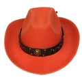 Detail of orange wool felt western cowboy hat with studded leather band and gold horseshoe - 106-Orange