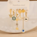 Detailed set of six gold-tone stainless steel earrings with evil eye and butterfly charms - Butterfly Evil Eye Tassel Combo 6-Piece Set (10#)