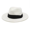 Chapeau Panama classique en paille crème avec ruban noir pour protection solaire d'été - M (56-58cm) / Blanc