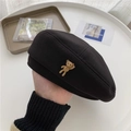 Classic black wool beret with cute brown bear charm detail in a minimalist setting - M (56-58cm) / Black Bear