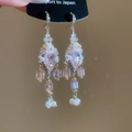 Boucles d'oreilles ethniques avec cristaux roses, fleurs blanches et cubes violets - Style Crochet Rose 3# (Avec Perles et Cristal Violet)