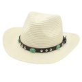 Western straw cowboy hat in cream with turquoise studs and black leather band - One Size(56-58cm) / Cream