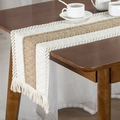 Brown linen table runner with white crochet lace edges and tassels on wooden table - White-brown - Regular Tassels / 30*50cm