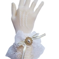Elegant white lace Lolita bridal gloves with ribbon bow and pearl rhinestone brooch detail - White Mesh Bow Gloves