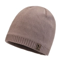 Winter thermal knit beanie in khaki brown with ribbed edge and leather brand patch - Khaki