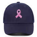 Close-up of pink ribbon embroidery on navy blue baseball cap with high quality stitching - Adjustable / Navy Blue
