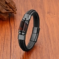Handmade black woven leather bracelet for men featuring brown stone beads and steel clasp - Style 2 (Red Beads) / 21cm