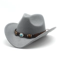 Close-up of gray wool cowboy hat featuring a leather band with turquoise and wood beads - M (56-58cm) / Gray