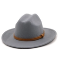 Detailed close-up of the grey wool felt fedora featuring a textured brown leather band - M (56-58cm) / Light Gray