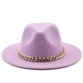 Close-up of lavender wool felt fedora with a decorative chunky gold chain accent - Taro Purple