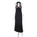 Detail of elegant black satin long dress featuring fine lace patchwork on the V-neckline - S / Black
