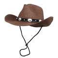 Detail eines braunen Stroh-Cowboyhuts mit Lederband und silbernen Metallverzierungen - M (56-58cm) / Kaffeebraun