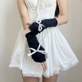 Japanese Lolita style black knit arm warmers with white ribbon bows and fingerless design - Black Base Grey Bow
