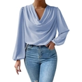 Women's light blue chiffon V-neck blouse with draped cowl neck and lantern sleeves - Sky Blue