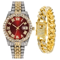 Macro detail of luxury men's iced-out watch and gold Cuban link bracelet set - Red Watch + Gold Bracelet