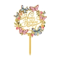 Golden acrylic birthday cake topper with colorful 3D butterflies and floral wreath - SJH0203/Butterfly Floral Circle