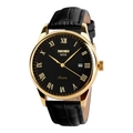 Classic quartz watch with gold case, black Roman dial and black embossed leather strap - Gold Case Black Dial Black Leather Strap (Men)