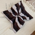Detailed shot of brown and white striped fabric scrunchie with elegant pearl accessories - 4# Brown and White Striped Scarf Scrunchie