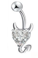 Macro shot of silver devil heart navel ring featuring clear zircon stone and demon tail - Devil Horn Heart Zirconia Style