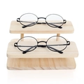 Two-tier wooden display stand featuring black round glasses with metal frames - 2 Tiers