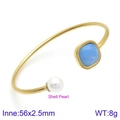 Gold open bangle with white shell pearl and square blue gemstone accent, 8g weight - Gold Blue Stone Pearl Style (KB123013-K)