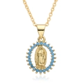 Macro shot of Virgin Mary pendant with golden finish and bright blue beaded frame - B190-Sky Blue Beads Virgin Mary