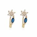 Elegant gold flower stud earrings with white zircons and a blue marquise stone petal - Gold White Flower Blue Leaf