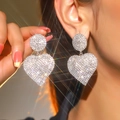Sparkling silver heart drop earrings with luxury rhinestone pavé and elegant long dangle - Silver Luxury Full Rhinestone Heart Style (DTE1516262S)