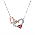 Bohemian style double heart interlocking necklace with red gemstone in rose gold and silver - Garnet White Gold Plated, Approx. 1.78g