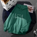 Dark green fleece hoodie with white heartbeat print and drawstring on a grey cushion - S / Tops / Dark Green
