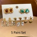 5-pair vintage earring set with pearls and floral designs in gold-toned finish - 4# Gold Multi-color Set (5 Pairs) / 5 Pairs Set