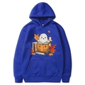 Navy blue Halloween hoodie featuring white ghost and pumpkin prints in size M - Blue