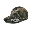 Jungle camouflage baseball cap featuring a deer skull and HUNT embroidery on a 45-degree angle - Camouflage Antler