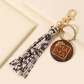 Pink leopard print MAMA keychain with PU tassel and engraved wooden charm for bags - Pink Leopard