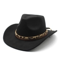 Detail of black western cowboy hat featuring a leopard print band and curved brim - Black