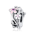 S925 sterling silver spacer charm with pink enamel flowers and clear gemstones - Pink Silver Flower-White Zirconia